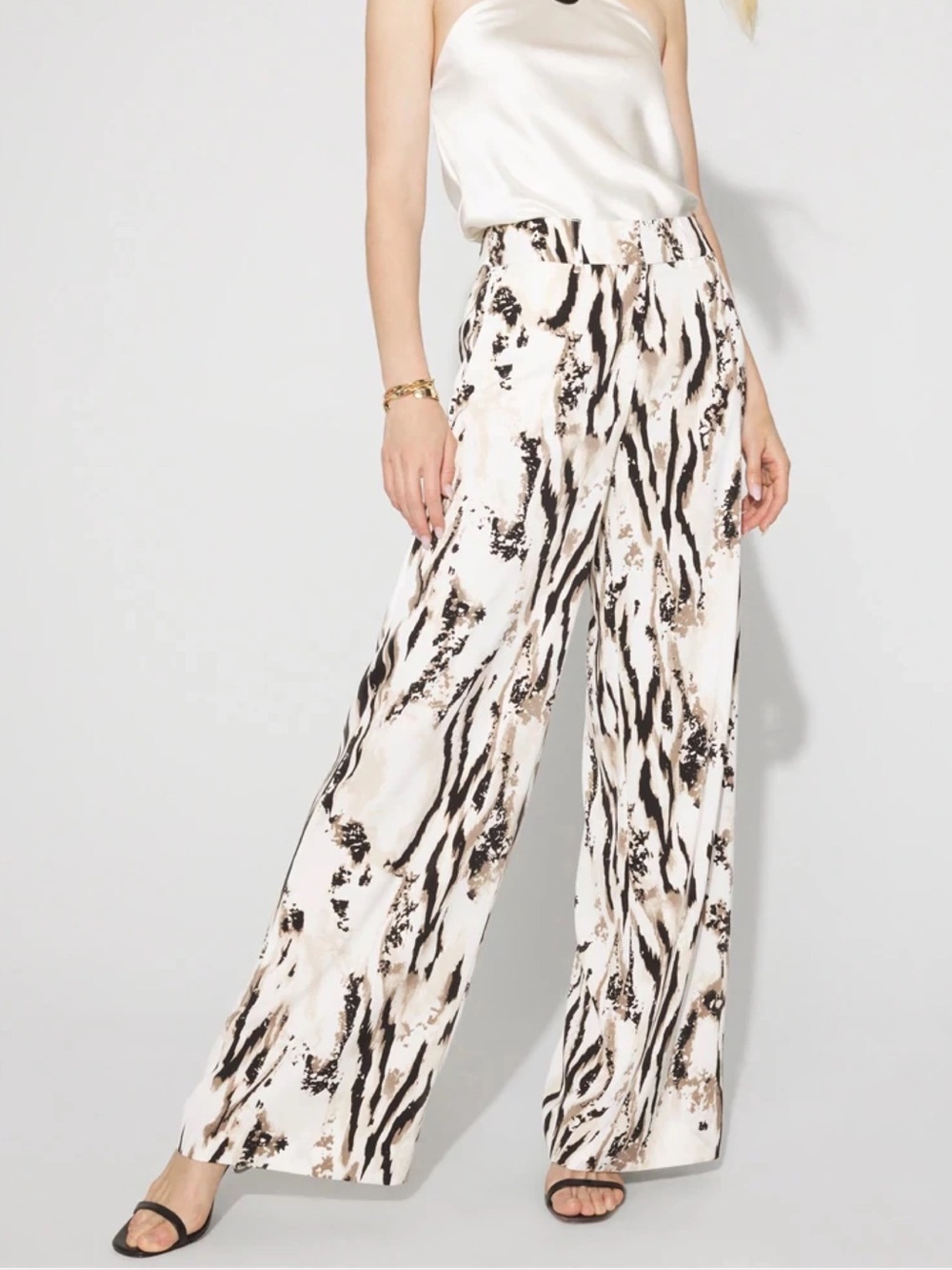 WHBM Animal Print Wide Leg Pants Size 10 White Tan Black Zebra Casual Office - Picture 2 of 13